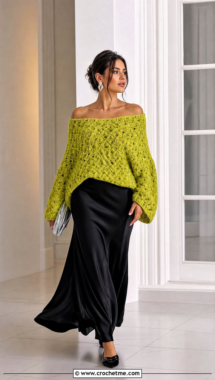 Off Shoulder Crochet Chenille Sweater With Full Length Skirt - 25 crochet chenille sweater outfit ideas