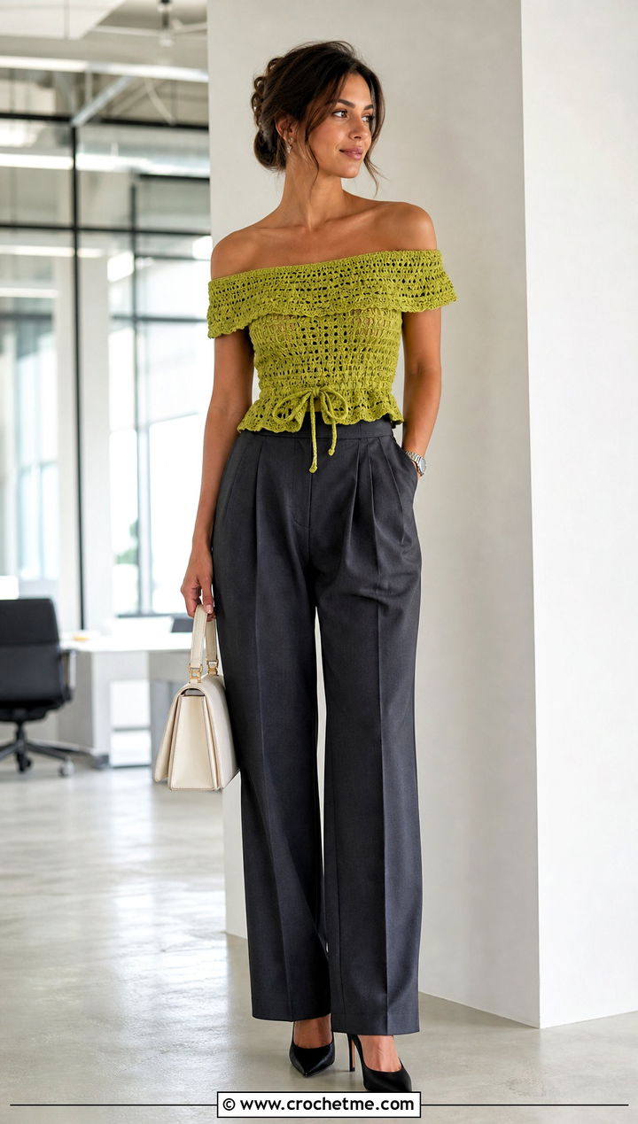 Off Shoulder Crochet Cinch Top With Tailored Trousers - 25 crochet cinch top outfit ideas