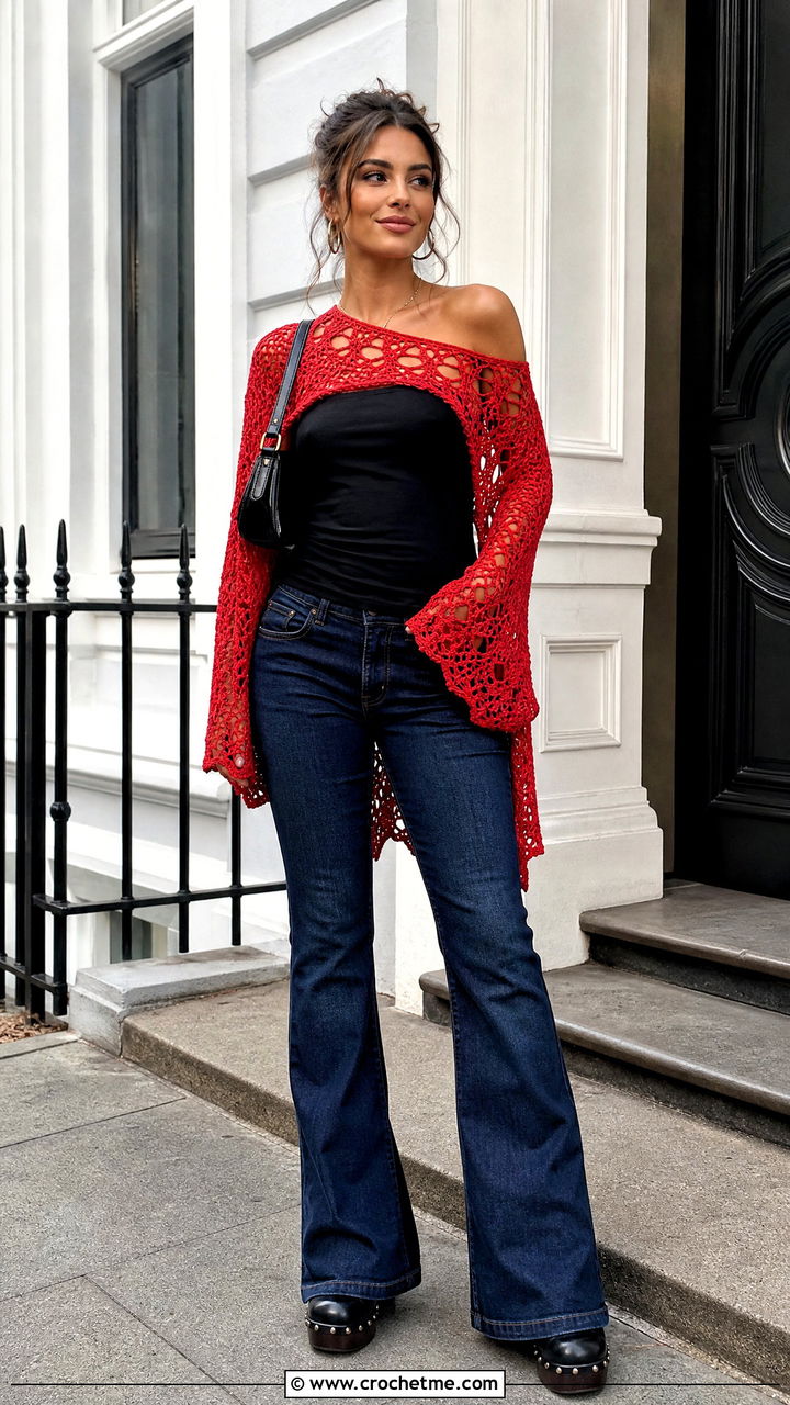 Off Shoulder Crochet Cover Up With Flared Jeans - 35 crochet cover up outfit ideas