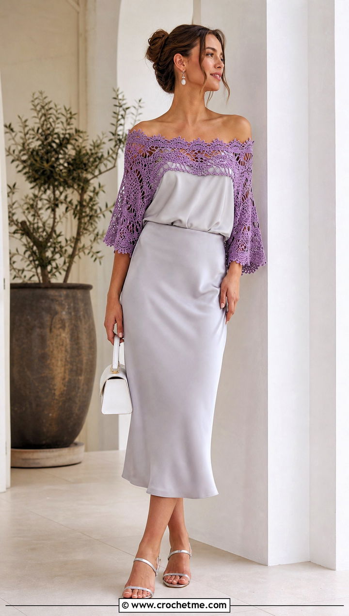 Off Shoulder Crochet Cover Up With Satin Skirt - 25 Cute Crochet Cover Up outfit ideas
