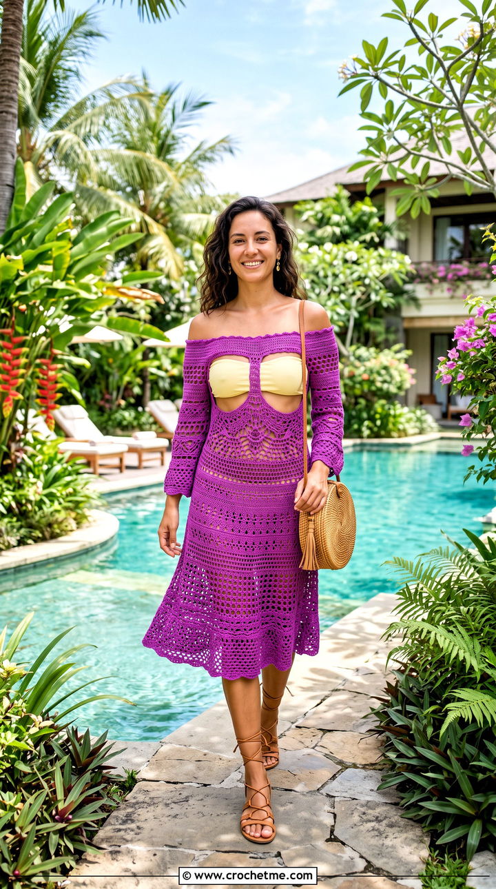 Off Shoulder Crochet Coverup Dress With Bikini - 35 crochet swimwear coverup outfit ideas