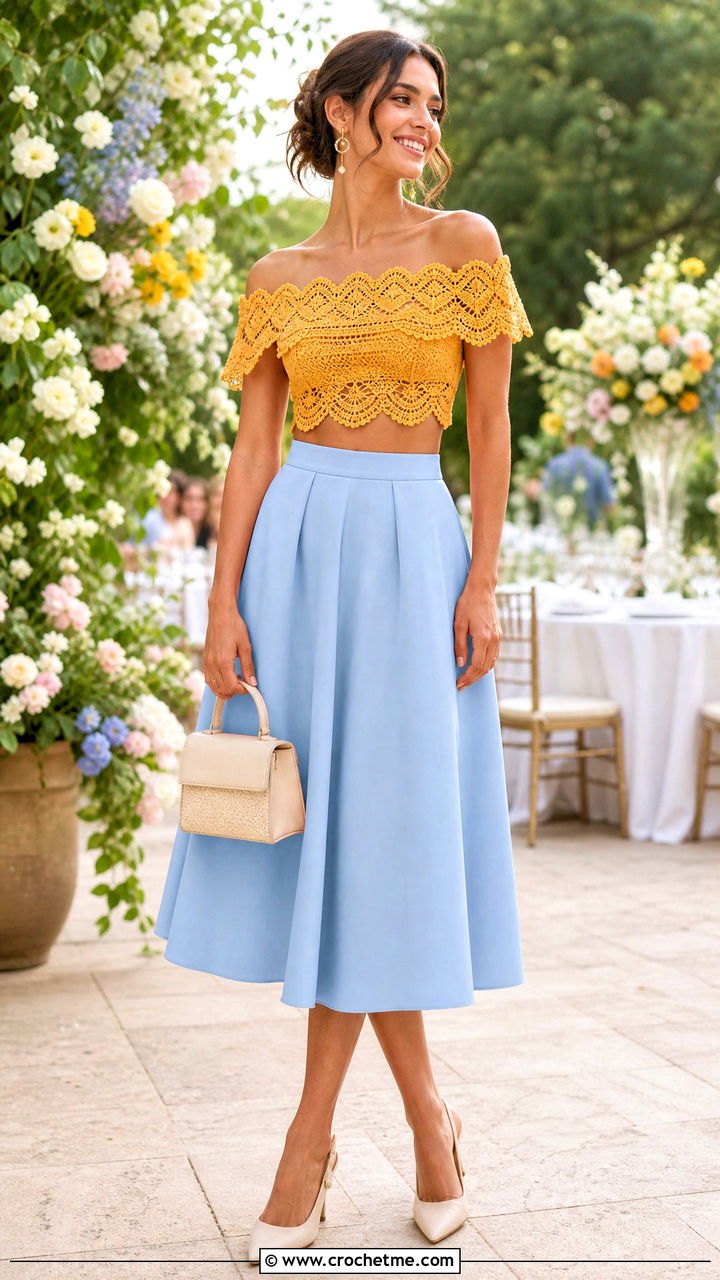 Off Shoulder Crochet Crop Top With A Line Skirt - 35 crochet crop top outfits ideas