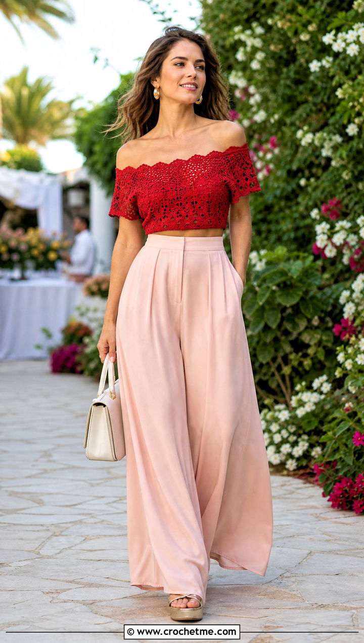 Off Shoulder Crochet Crop Top With Palazzo Pants - 20 Crochet For Crop Tops outfit ideas