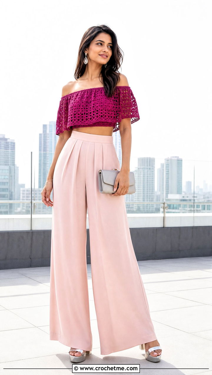 Off Shoulder Crochet Crop Top With Palazzo Pants - 20 Crochet Crop Top Inspiration outfit ideas