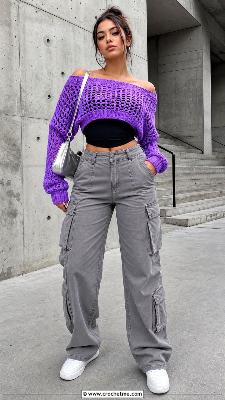 Off Shoulder Crochet Cropped Sweater With Cargo Pants - 35 crochet cropped sweater outfit ideas