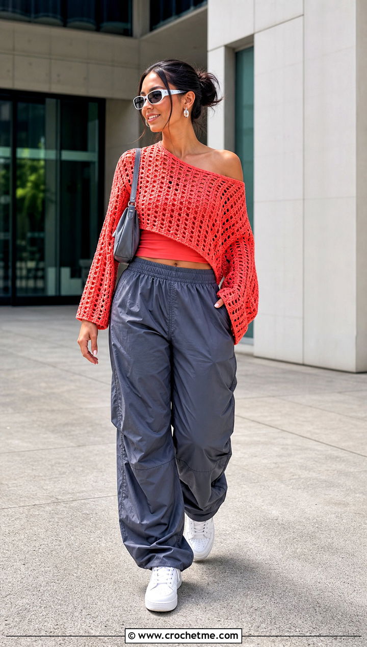 Off Shoulder Crochet Cropped Sweater With Parachute Pants - 20 Easy Crochet Cropped Sweater outfit ideas