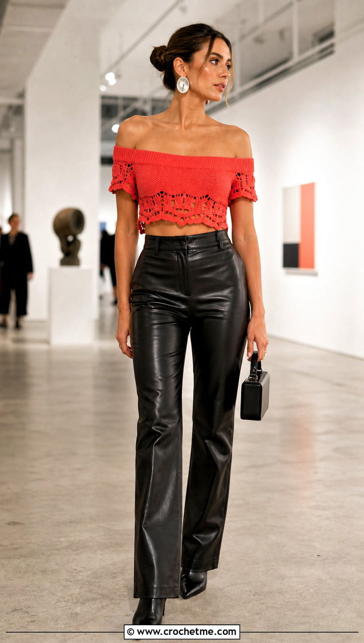 Off Shoulder Crochet Cropped Top With Leather Pants - 20 Crochet Cropped Top outfit ideas