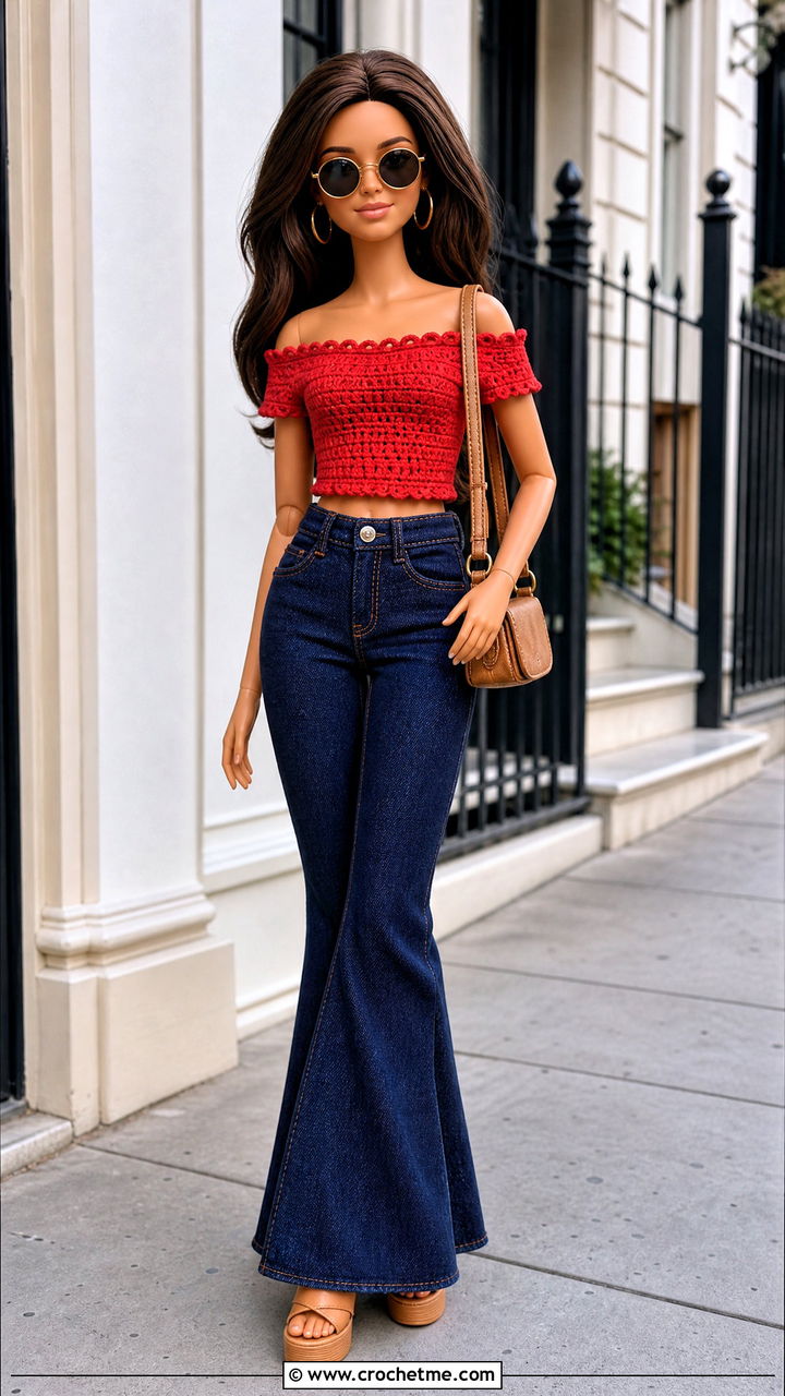 Off Shoulder Crochet Doll Shirt With Flared Jeans - 35 crochet doll shirt outfit ideas
