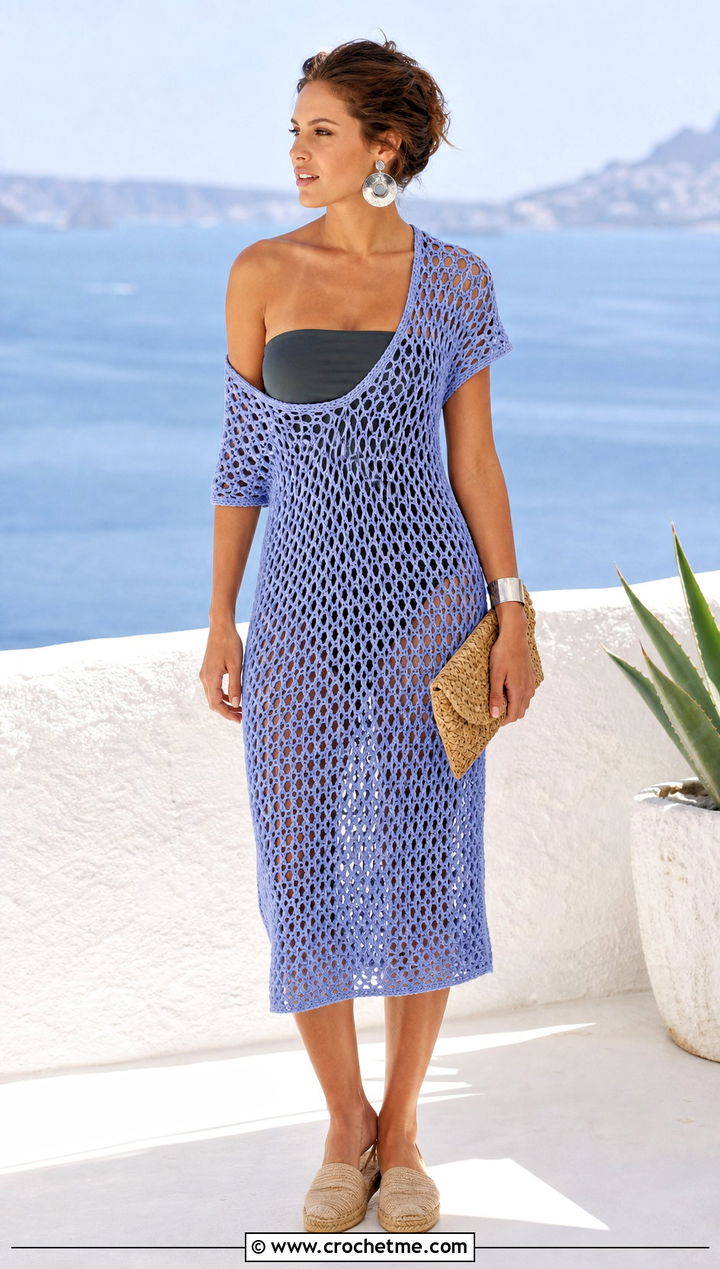 Off Shoulder Crochet Dress With Bandeau Swimsuit - 25 Easy Crochet Swimsuit Coverup outfit ideas