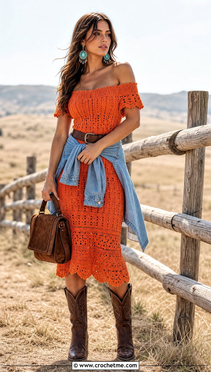Off Shoulder Crochet Dress With Cowboy Boots - 15 colorful crochet dress outfit ideas