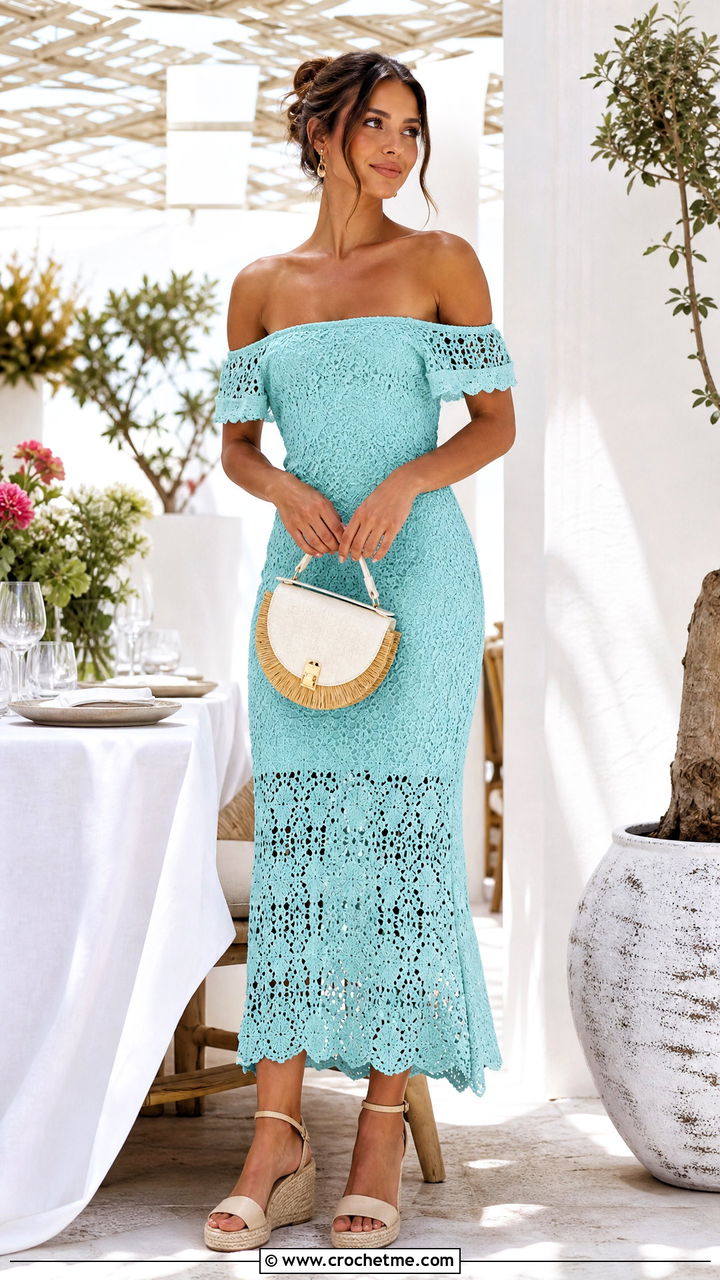 Off Shoulder Crochet Dress With Espadrilles - 35 simple crochet dress women outfit ideas