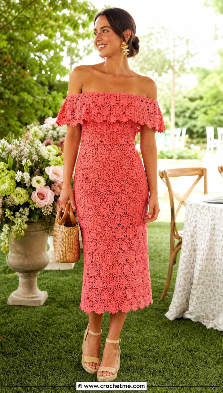 Off Shoulder Crochet Dress With Espadrilles - 15 Boho Hippie Crochet Dress outfit ideas