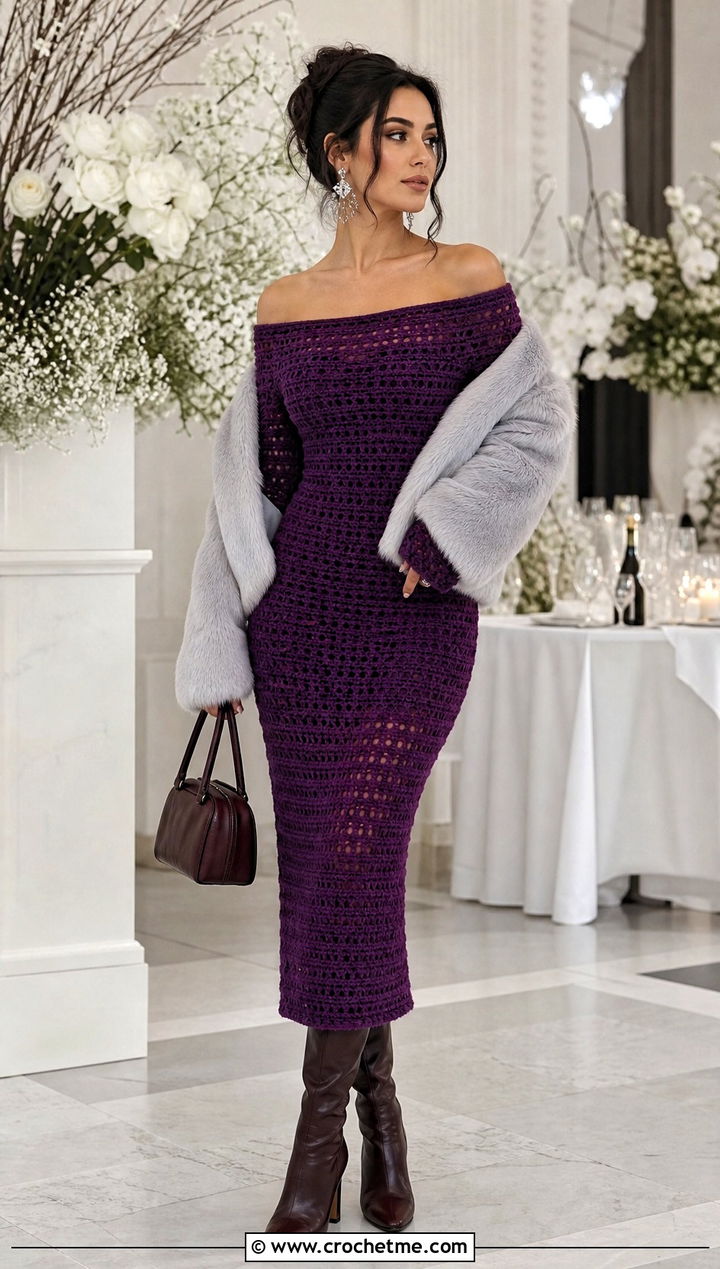Off Shoulder Crochet Dress With Faux Fur Coat - 30 crochet dress for winter outfit ideas
