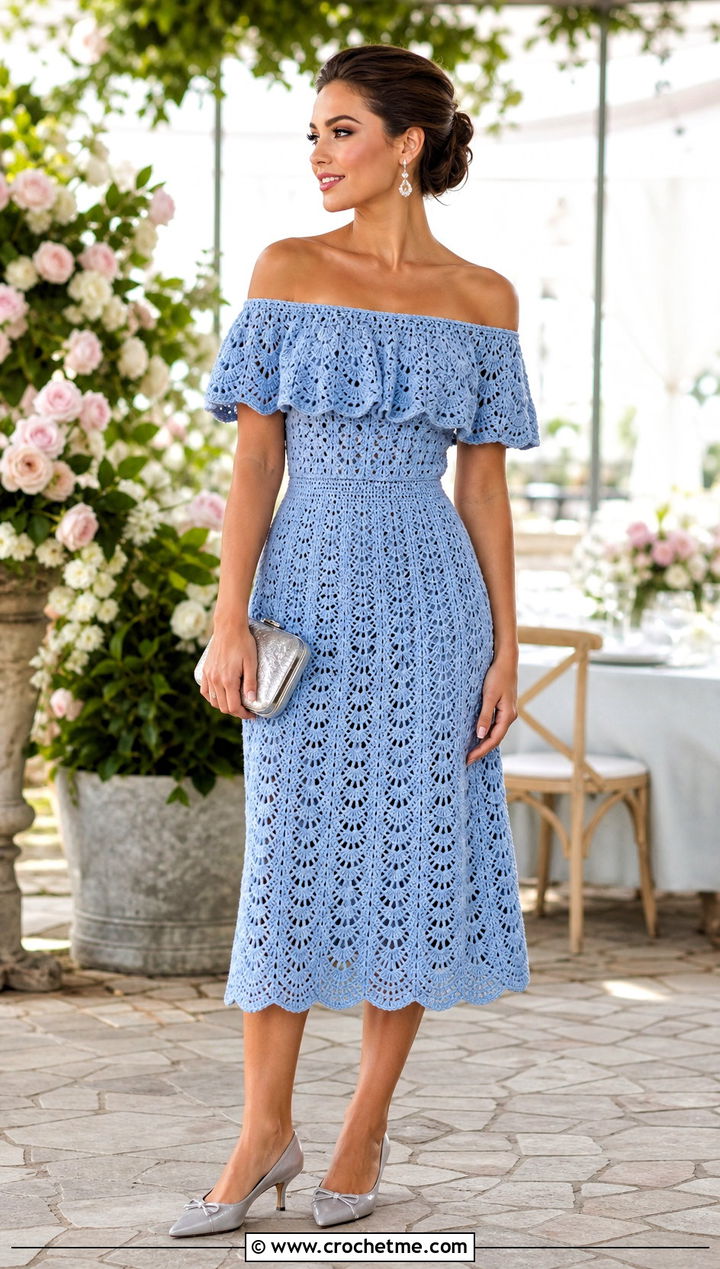 Off Shoulder Crochet Dress With Kitten Heels - 15 Diy Crochet Dress Ideas