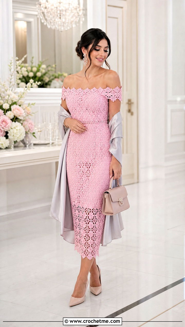Off Shoulder Crochet Dress With Satin Wrap - 35 Formal Crochet Dress outfit ideas