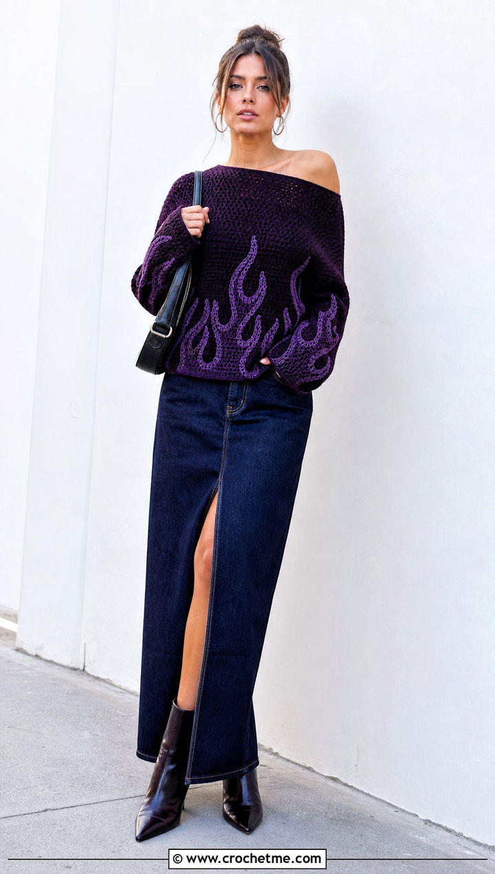 Off Shoulder Crochet Fire Sweater With Denim Maxi Skirt - 25 Crochet Fire Sweater outfit ideas