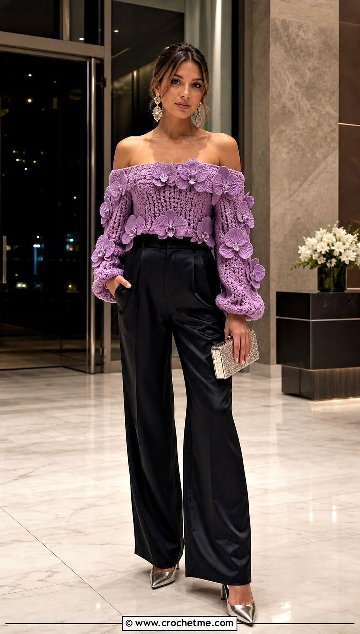 Off Shoulder Crochet Flower Sweater With Satin Trousers - 30 crochet flower sweater outfit ideas