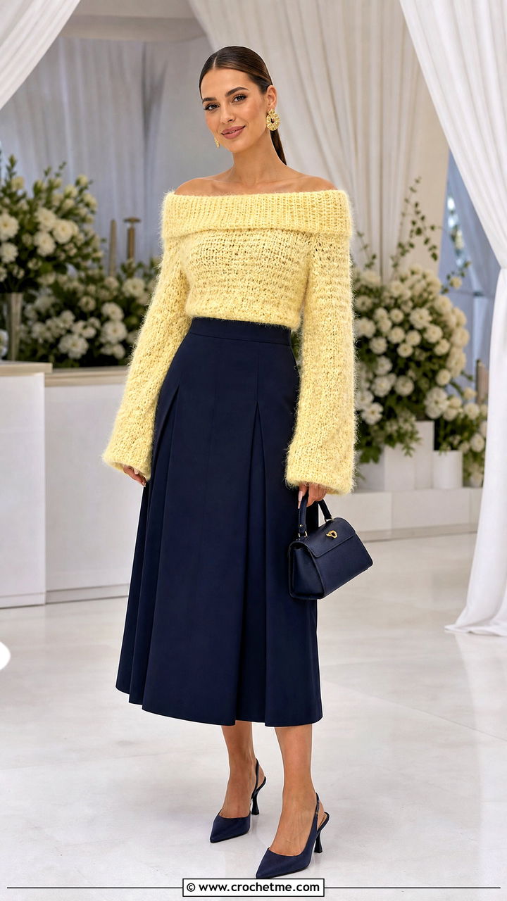 Off Shoulder Crochet Fluffy Sweater With Tailored Midi Skirt - 35 crochet fluffy sweater outfit ideas