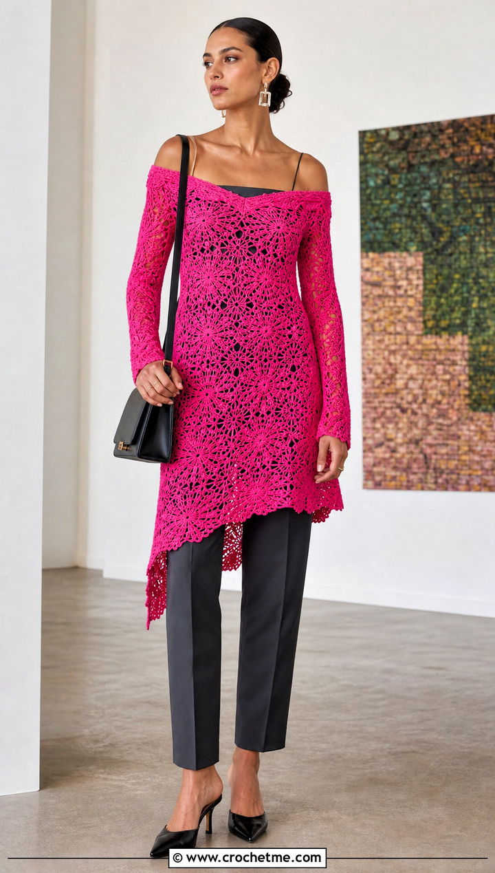 Off Shoulder Crochet Frock Over Tailored Trousers - 35 crochet frock outfit ideas
