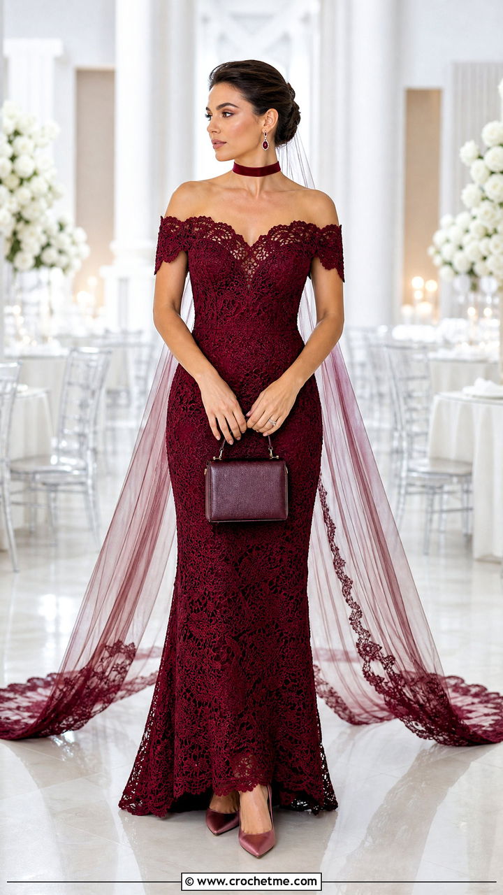 Off Shoulder Crochet Gown With Velvet Choker - 35 crochet wedding dress outfit ideas