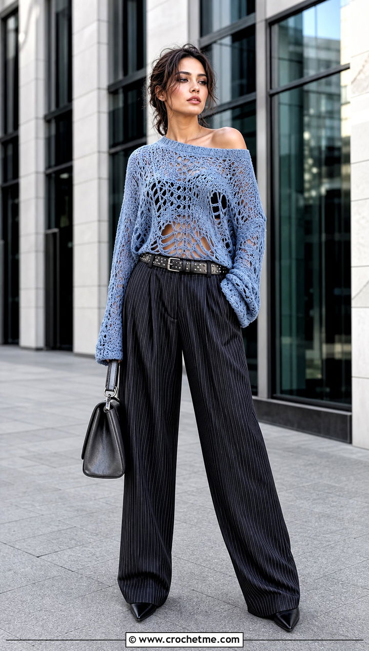 Off Shoulder Crochet Grunge Top With Pinstripe Trousers - 30 crochet grunge top outfit ideas