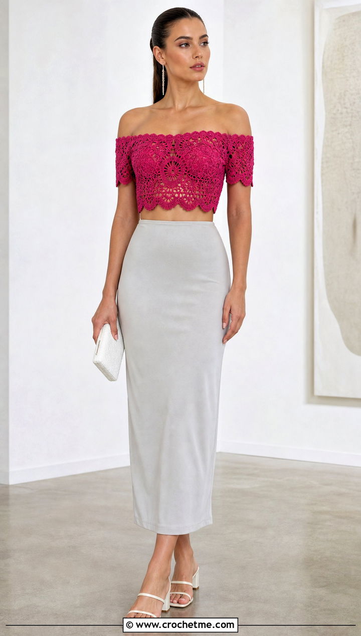 Off Shoulder Crochet Half Top With A Column Skirt - 35 crochet half top outfit ideas