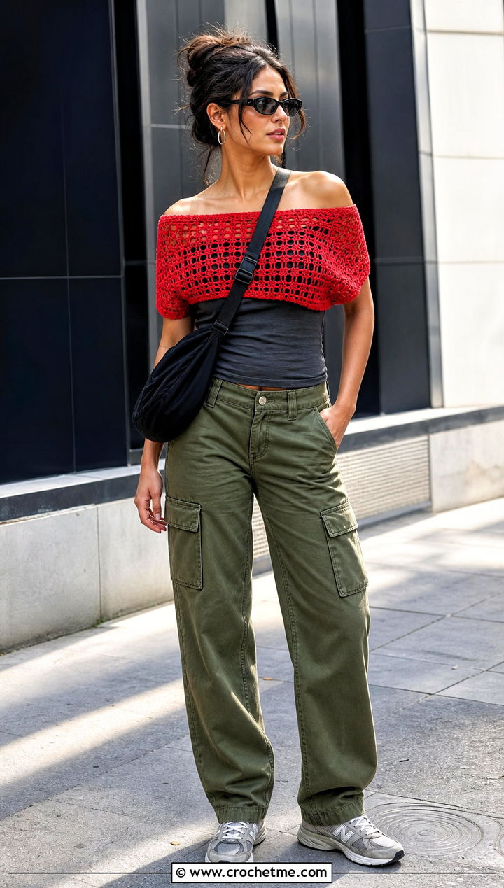 Off Shoulder Crochet Half Top With Cargo Pants - 30 Crochet Long Sleeve Half Top outfit ideas