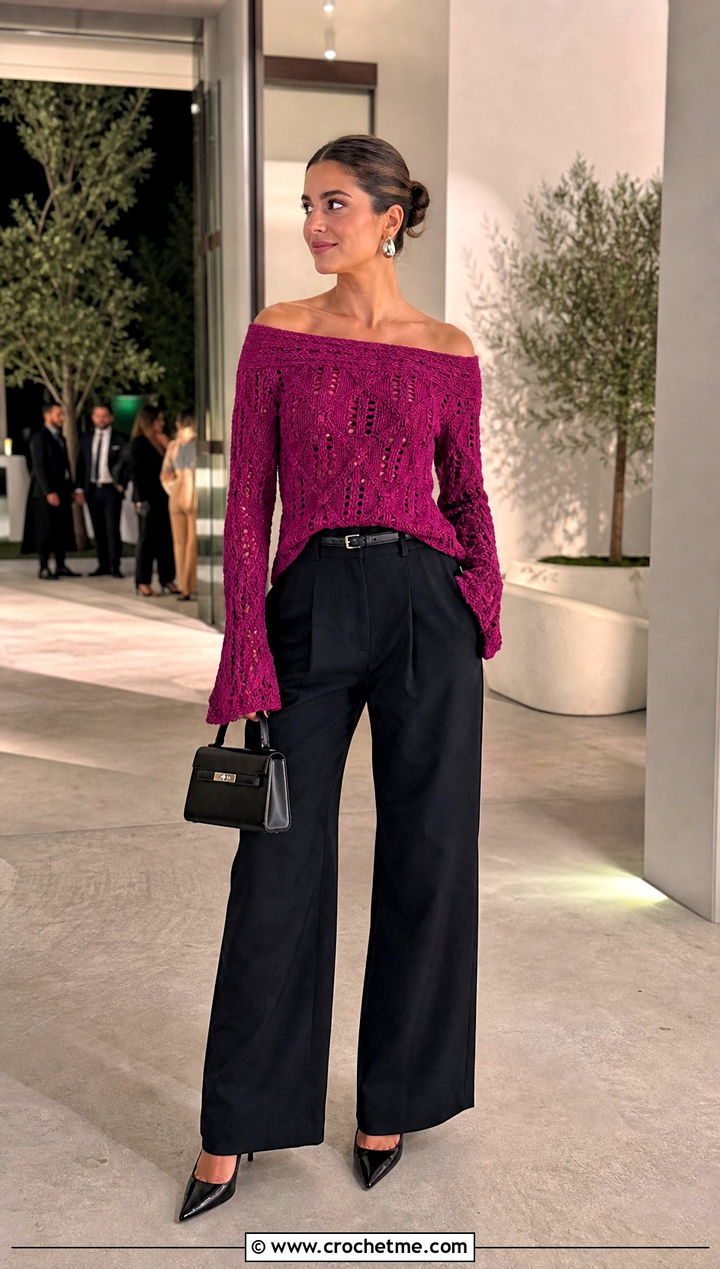 Off Shoulder Crochet Knit Sweater With High Waisted Trousers - 35 Crochet Knit Sweater outfit ideas