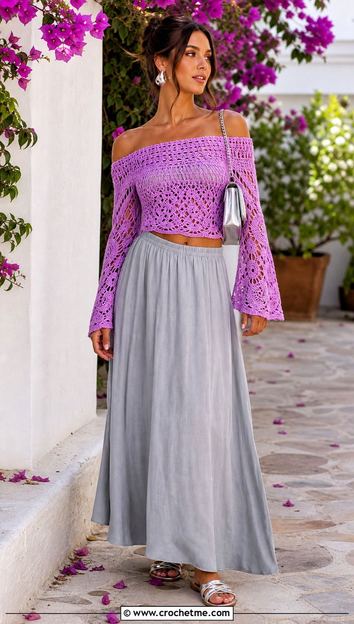 Off Shoulder Crochet Long Sleeve Top With Maxi Skirt - 25 long sleeve crochet top outfit ideas