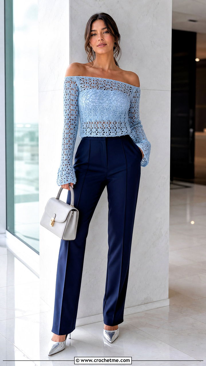 Off Shoulder Crochet Long Sleeve Top With Tailored Pants - 35 crochet long sleeve top outfit ideas
