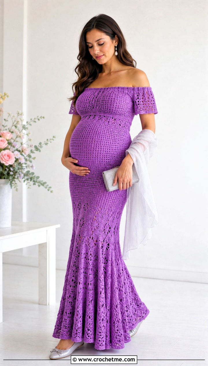 Off Shoulder Crochet Maternity Maxi Dress With Ballet Flats - 25 crochet maternity dress outfit ideas
