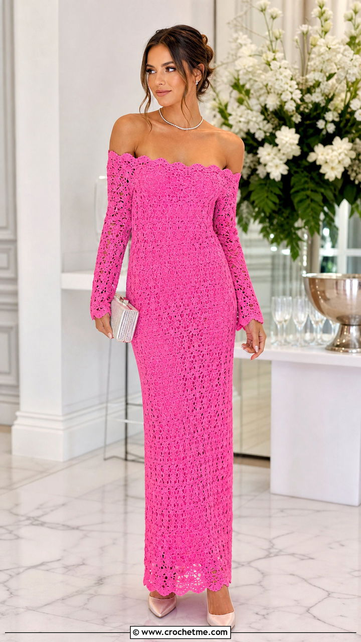 Off Shoulder Crochet Maxi Dress With Satin Pumps - 35 crochet formal dress outfit ideas