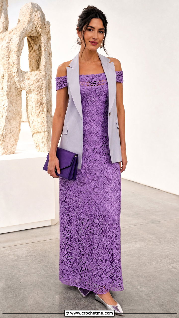 Off Shoulder Crochet Maxi Frock With Tailored Vest - 35 Crochet Frocks For Women outfit ideas