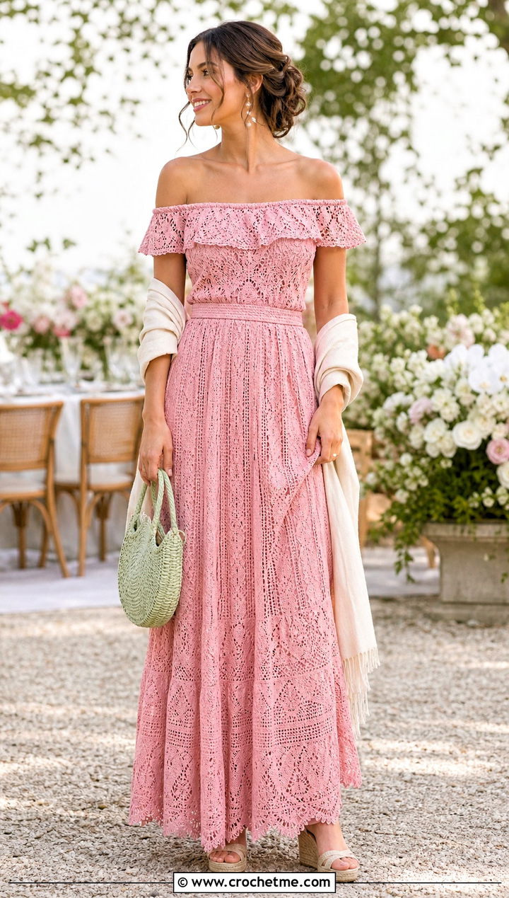 Off Shoulder Crochet Maxi Skirt Set With Espadrilles - 25 two piece crochet skirt set outfit ideas