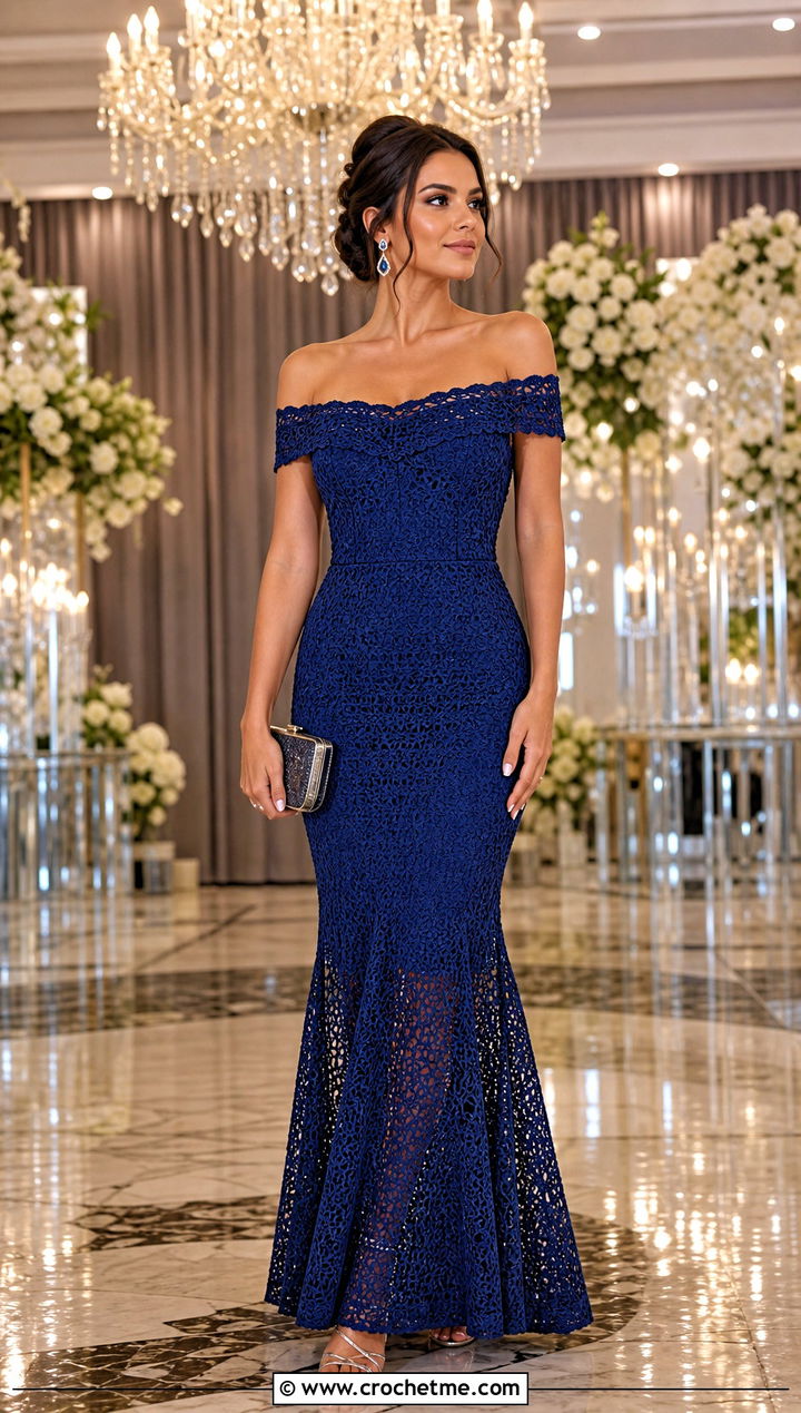 Off Shoulder Crochet Mermaid Bridesmaid Dress With Minimal Sandals - 30 Crochet Bridesmaid Dress outfit ideas