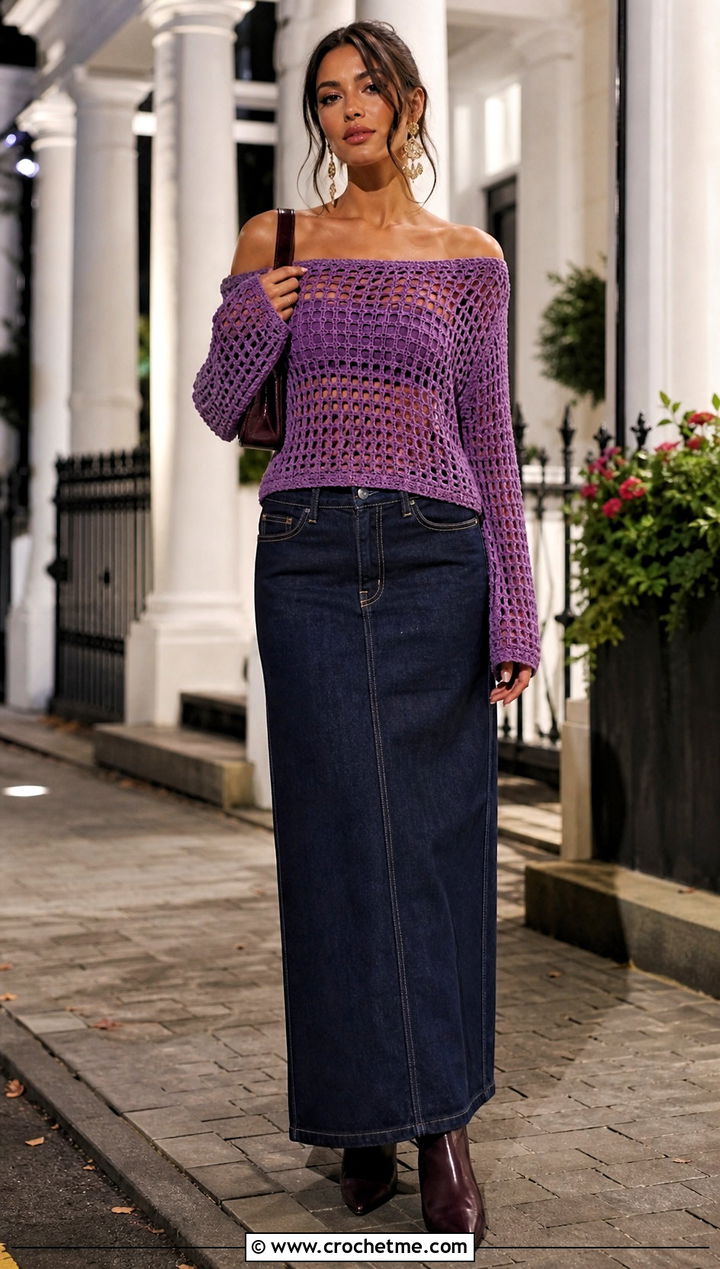 Off Shoulder Crochet Mesh Jumper With Denim Maxi Skirt - 30 crochet mesh jumper outfit ideas