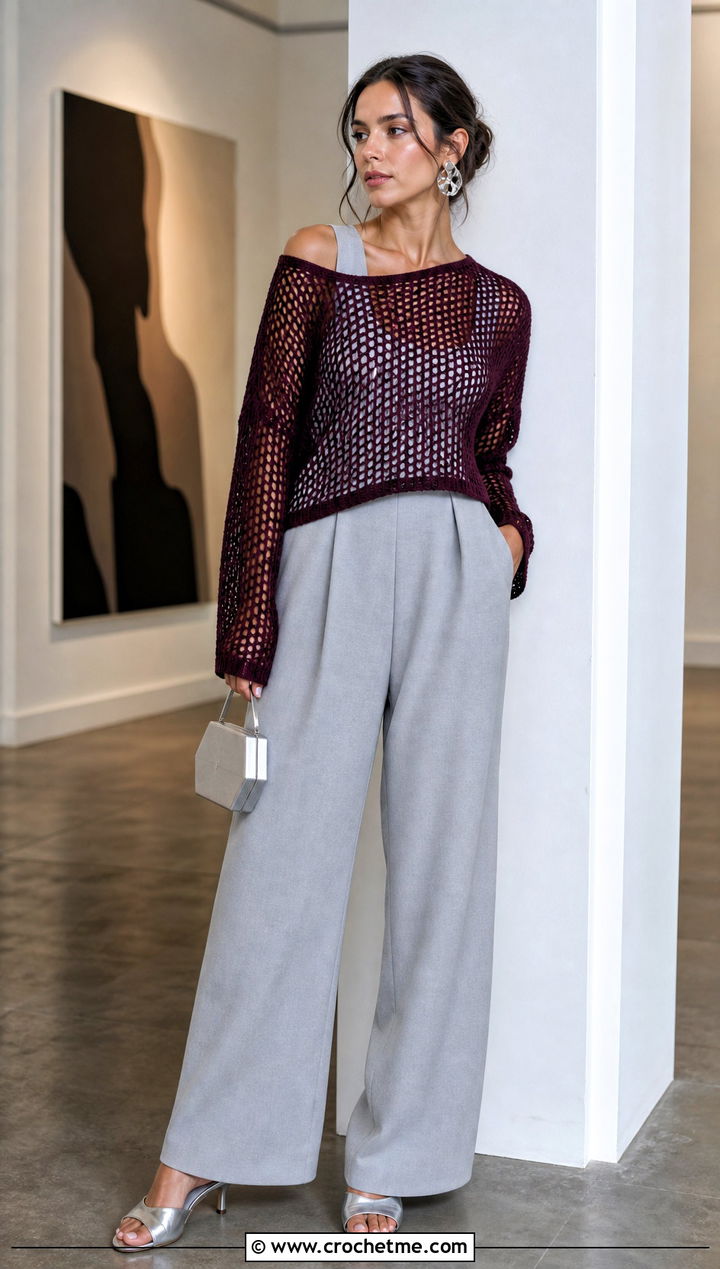 Off Shoulder Crochet Mesh Sweater With Jumpsuit - 15 Crochet Super Cropped Sweater outfit ideas