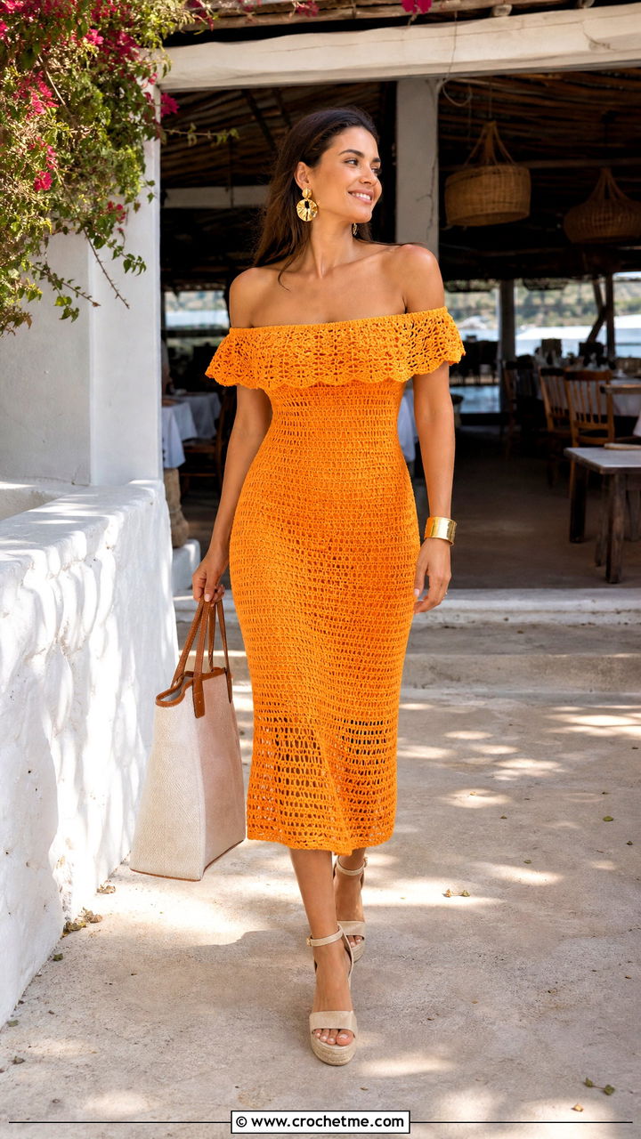 Off Shoulder Crochet Midi Dress With Espadrilles And Tote - 35 crochet dress outfits ideas