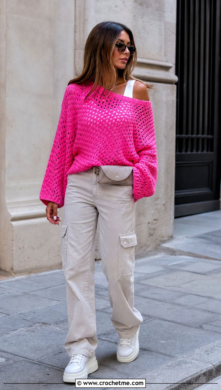Off Shoulder Crochet Oversize Sweater With Cargo Pants - 20 Crochet Oversize Sweater outfit ideas