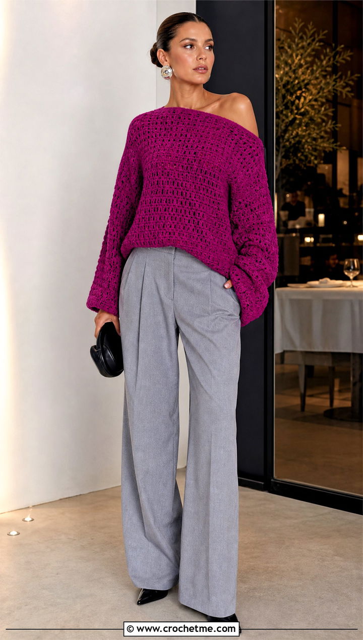 Off Shoulder Crochet Oversized Sweater With Tailored Pants - 20 Easy Crochet Oversized Sweater outfit ideas