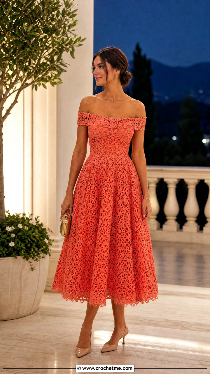 Off Shoulder Crochet Princess Dress With Kitten Heels - 35 crochet princess dress outfit ideas