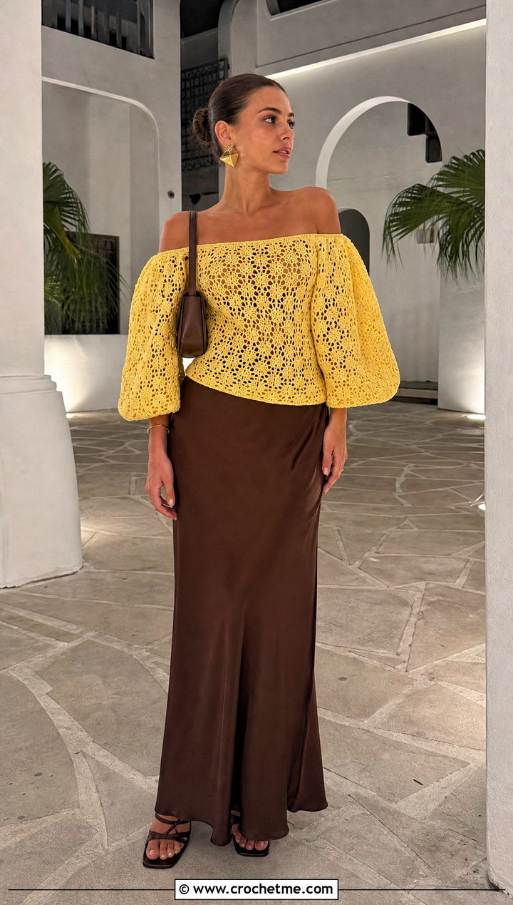 Off Shoulder Crochet Puff Sleeve Sweater With Maxi Skirt - 25 Crochet Puff Sleeve Sweater outfit ideas