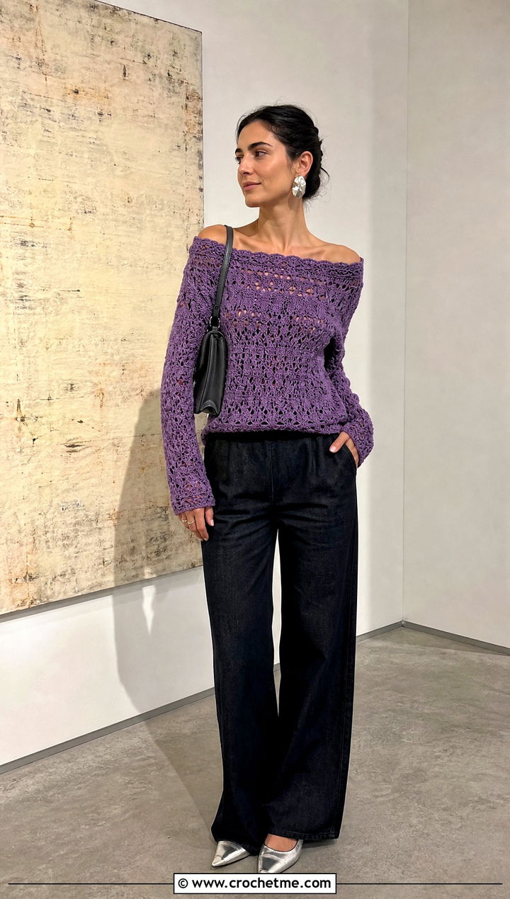 Off Shoulder Crochet Pullover With Tailored Jeans - 25 women crochet pullover outfit ideas