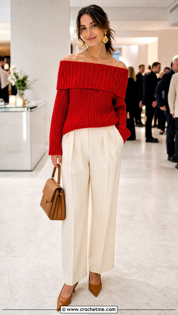Off Shoulder Crochet Ribbed Sweater With Tailored Trousers - 35 crochet ribbed sweater outfit ideas