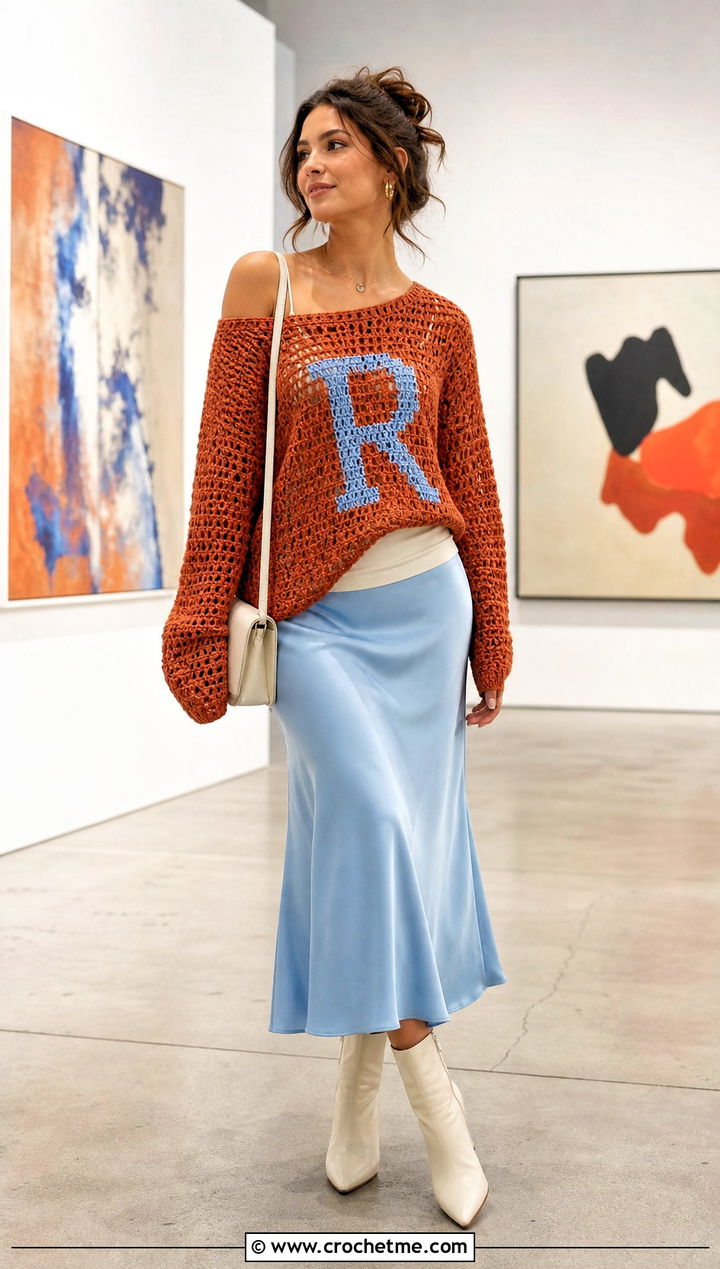 Off Shoulder Crochet Ron Weasley Sweater With Bias Midi Skirt - 25 Crochet Ron Weasley Sweater outfit ideas