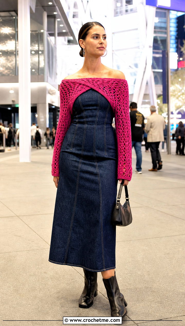 Off Shoulder Crochet Shrug Sweater With Denim Dress - 30 crochet shrug sweater outfit ideas