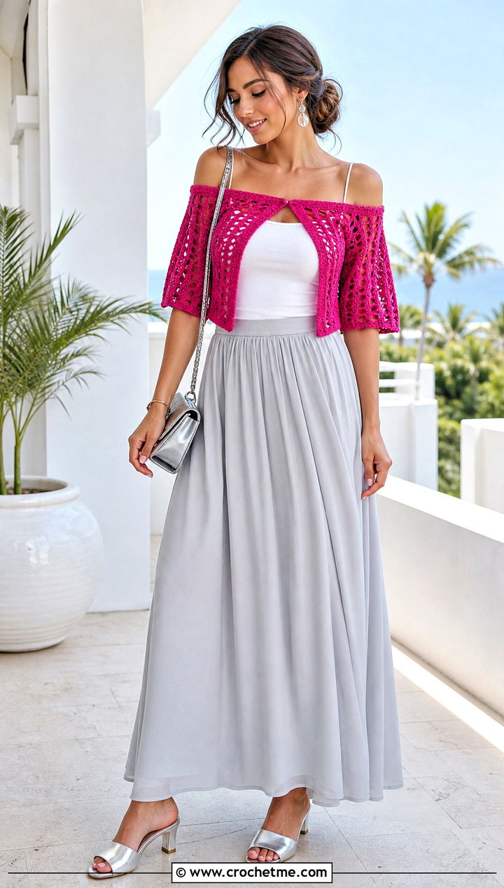 Off Shoulder Crochet Shrug With Maxi Skirt - 25 Mini Crochet Sweater outfit ideas