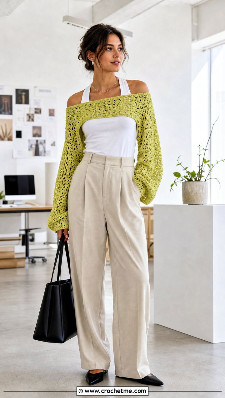 Off Shoulder Crochet Shrug With Tailored Trousers - 15 Y2K Crochet Shrug outfit ideas