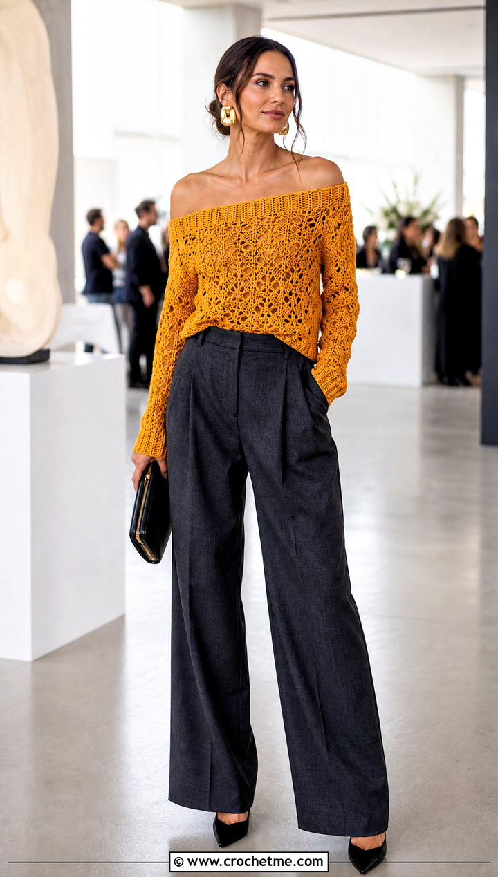 Off Shoulder Crochet Spring Sweater With Suit Trousers - 35 crochet spring sweater outfit ideas