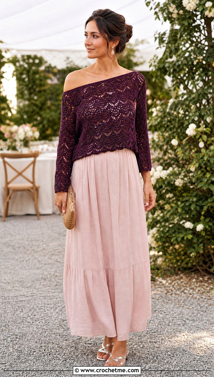 Off Shoulder Crochet Summer Sweater With Maxi Skirt - 15 Crochet Summer Sweater outfit ideas